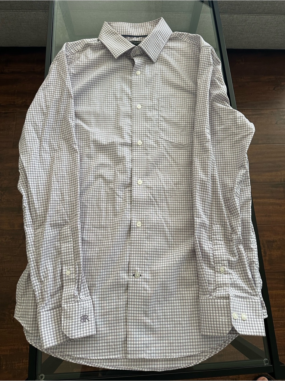 Banana Republic Men's Light Gray and White Checked Dress Shirt